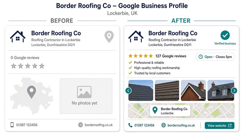 Illustrative before and after of a Google Business Profile: sparse listing with zero reviews next to a complete profile with photos and many five-star reviews